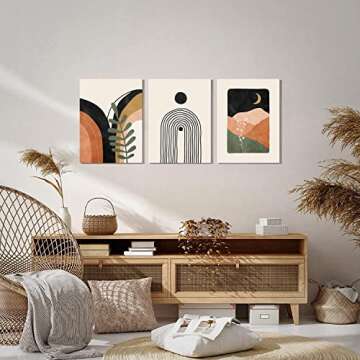 Boho Wall Art Set Of 3，Boho Room Decor, Mid Century Modern Wall Art，Neutral Abstract Geometric Prints Black Beige Orange Minimalist Art Framed Canvas Prints Artwork 12 X 16 Ready To Hang For
