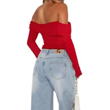 Goafuliy Twist Front Tops for Women, Bell Sleeve Off Shoulder Shirts Lettuce Trim Y2k Sexy Crop Top ...