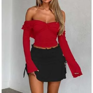 Goafuliy Twist Front Tops for Women, Bell Sleeve Off Shoulder Shirts Lettuce Trim Y2k Sexy Crop Top Blouses Red XL