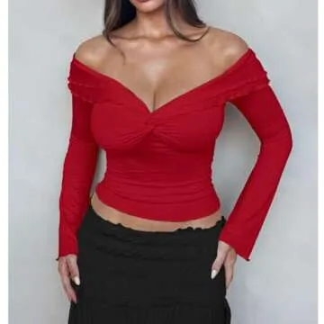 Goafuliy Twist Front Tops for Women, Bell Sleeve Off Shoulder Shirts Lettuce Trim Y2k Sexy Crop Top Blouses Red XL