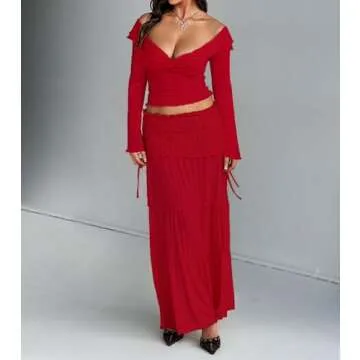 Goafuliy Twist Front Tops for Women, Bell Sleeve Off Shoulder Shirts Lettuce Trim Y2k Sexy Crop Top Blouses Red XL