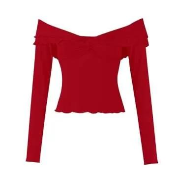 Goafuliy Twist Front Tops for Women, Bell Sleeve Off Shoulder Shirts Lettuce Trim Y2k Sexy Crop Top Blouses Red XL