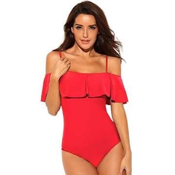 Funnygirl Womens Solid Color Swimsuit Flounce Off Shoulder with Removable Strap one Piece Ruffles Beach Swimwear Bathing Suit Red Medium
