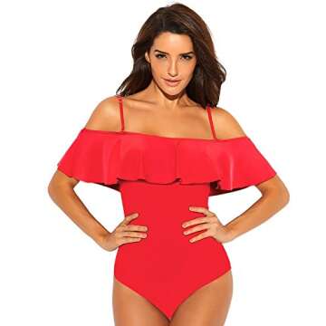 Funnygirl Womens Solid Color Swimsuit Flounce Off Shoulder with Removable Strap one Piece Ruffles Beach Swimwear Bathing Suit Red Medium