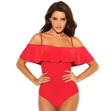 Funnygirl Womens Solid Color Swimsuit Flounce Off Shoulder with Removable Strap one Piece Ruffles Beach Swimwear Bathing Suit Red Medium