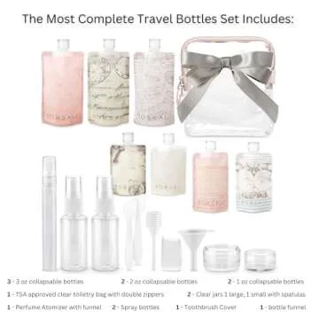 BORSALI Travel Bottles for Toiletries, TSA Approved 3 oz Travel Size Containers for Liquids, Flat Refillable Empty Squeeze Pouches for Shampoo & Conditioner, 18 Piece Set with TSA Approved Bag - Taupe