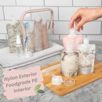 BORSALI Travel Bottles for Toiletries, TSA Approved 3 oz Travel Size Containers for Liquids, Flat Refillable Empty Squeeze Pouches for Shampoo & Conditioner, 18 Piece Set with TSA Approved Bag - Taupe