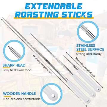 Uiifan 8 Pcs Marshmallow Roasting Sticks Extendable 30 Inch Long Smores Sticks BBQ Skewers for Grill...