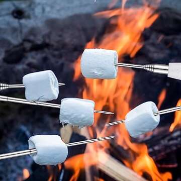 Uiifan 8 Pcs Marshmallow Roasting Sticks Extendable 30 Inch Long Smores Sticks BBQ Skewers for Grilling Roasting Forks with Wooden Handle Hot Dog Camping Skewers Campfire Accessories for Fire Pit