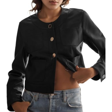 LifeShe Faux Leather Jackets Women Button Down Cropped Moto Biker PU Outerwear Coat Fall Fashion Out...