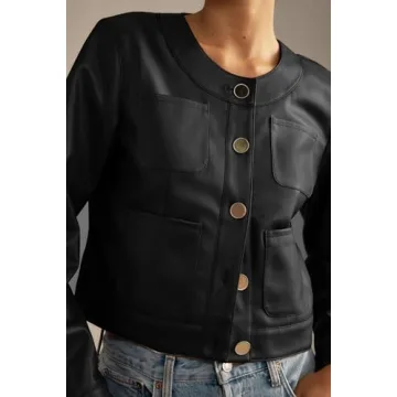 LifeShe Faux Leather Jackets Women Button Down Cropped Moto Biker PU Outerwear Coat Fall Fashion Outfits