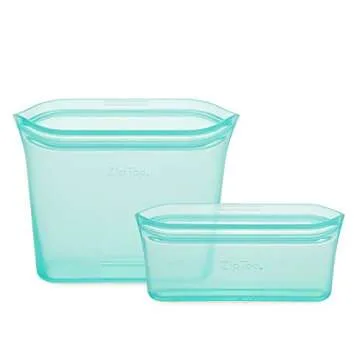 Zip Top Reusable Food Storage Bags | 2 Bag Set [Teal] | Silicone Meal Prep Container | Microwave, Di...