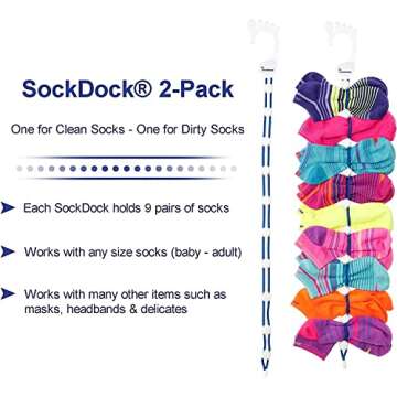 SockDock Sock Laundry Solution for Washing Drying & Storing Socks in Pairs, Clip & Hold Small & Long Socks in Washer Dryer & Closet, 2-Pack (Dark Blue)