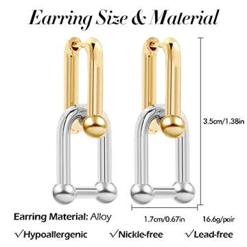 Sloong 14k Gold Plated Two-Tone U Shape Pin Chunky Earring Link Chain Chunky Circle Hoop Earrings Paperclip Link Chain Jewelry Drop Dangle Earrings set for women