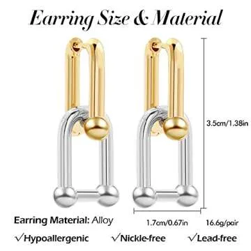 Sloong 14k Gold Plated Two-Tone U Shape Pin Chunky Earring Link Chain Chunky Circle Hoop Earrings Paperclip Link Chain Jewelry Drop Dangle Earrings set for women