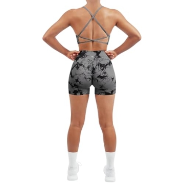 SUUKSESS Women Seamless 2 piece Workout Sets Strappy Padded Sports Bra Booty High Waisted Shorts Outfits (Black Grey,S)