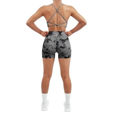 SUUKSESS Women Seamless 2 piece Workout Sets Strappy Padded Sports Bra Booty High Waisted Shorts Outfits (Black Grey,S)