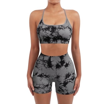 SUUKSESS Women Seamless 2 piece Workout Sets Strappy Padded Sports Bra Booty High Waisted Shorts Outfits (Black Grey,S)