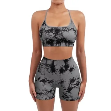 SUUKSESS Women Seamless 2 piece Workout Sets Strappy Padded Sports Bra Booty High Waisted Shorts Outfits (Black Grey,S)