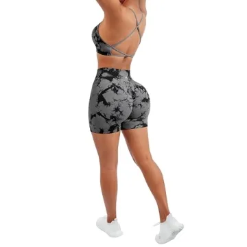 SUUKSESS Women Seamless 2 piece Workout Sets Strappy Padded Sports Bra Booty High Waisted Shorts Outfits (Black Grey,S)