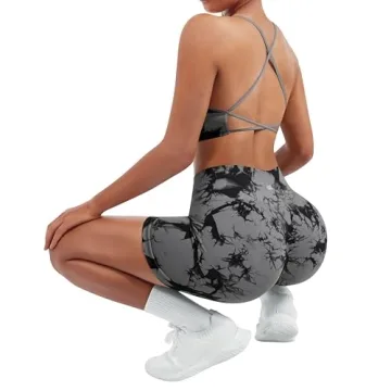 SUUKSESS Women Seamless 2 piece Workout Sets Strappy Padded Sports Bra Booty High Waisted Shorts Outfits (Black Grey,S)