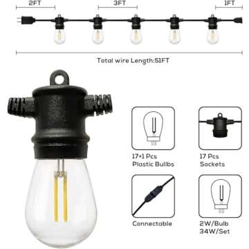 Banord 102FT Outdoor String Lights, 2 Pack 51FT Patio Lights with Bright 2W Shatterproof LED Dimmable Plastic Bulbs Waterproof Outdoor Hanging Lights for Backyard, Porch, Garden, Camping, Cafe, Party
