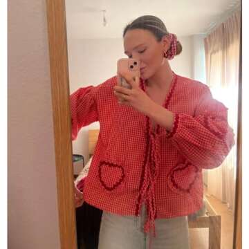 Tie Front Tops Women Valentine Shirt Clothes Gingham Coquette Bow Tops Heart Long Sleeve Cute Spring...