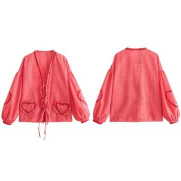 Tie Front Tops Women Valentine Shirt Clothes Gingham Coquette Bow Tops Heart Long Sleeve Cute Spring Tops (Red Gingham,S,Small)