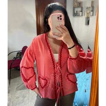 Tie Front Tops Women Valentine Shirt Clothes Gingham Coquette Bow Tops Heart Long Sleeve Cute Spring Tops (Red Gingham,S,Small)