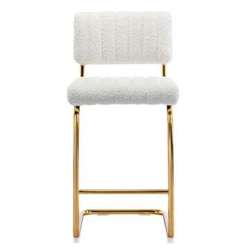 Zesthouse Mid Century Modern Counter Height Stools Set of 4, 26'' Upholstered Boucle Fabric Counter Barstools with Channel Tufting for Kitchen Island, Armless Bar Chairs with Backs & Gold Base, White