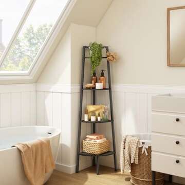 Hoctieon Corner Shelf, 4-Tier Corner Bookshelf, Rustic Corner Ladder Shelf, Industrial Display Shelf for Living Room, Kitchen, Home Office, Balcony, Small Space, Metal Frame, Black