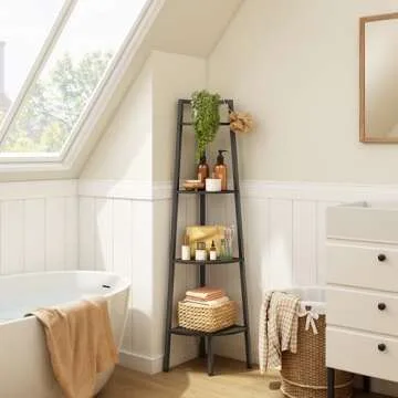 Hoctieon Corner Shelf, 4-Tier Corner Bookshelf, Rustic Corner Ladder Shelf, Industrial Display Shelf for Living Room, Kitchen, Home Office, Balcony, Small Space, Metal Frame, Black