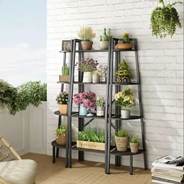 Hoctieon Corner Shelf, 4-Tier Corner Bookshelf, Rustic Corner Ladder Shelf, Industrial Display Shelf for Living Room, Kitchen, Home Office, Balcony, Small Space, Metal Frame, Black
