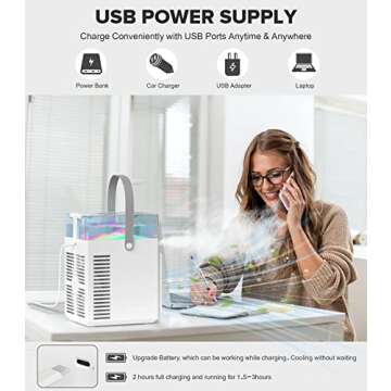 Portable Air Conditioner Fan, USB Rechargeable AC, 3 Speeds Adjustable Personal Small Cooling 4IN1 Desk Mini Fan with Humidifier &LED Light for Room Travel, Gifts Fathers, Men, Women