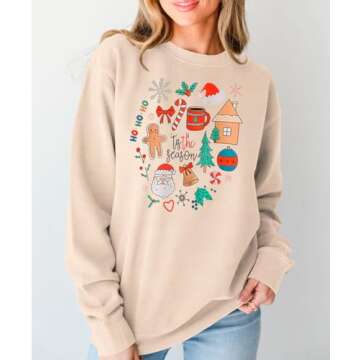 KEKEMI Women Christmas Funny Graphic Sweatshirt Long Sleeve Crewneck Pullover Tops Xmas Tree Print Fall Holiday Shirts（Apricot-05,X-Large