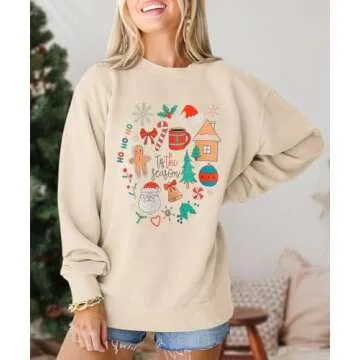 KEKEMI Women Christmas Funny Graphic Sweatshirt Long Sleeve Crewneck Pullover Tops Xmas Tree Print Fall Holiday Shirts（Apricot-05,X-Large