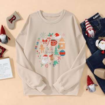 KEKEMI Women Christmas Funny Graphic Sweatshirt Long Sleeve Crewneck Pullover Tops Xmas Tree Print Fall Holiday Shirts（Apricot-05,X-Large