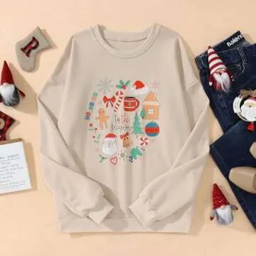 KEKEMI Women Christmas Funny Graphic Sweatshirt Long Sleeve Crewneck Pullover Tops Xmas Tree Print Fall Holiday Shirts（Apricot-05,X-Large