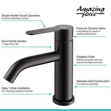 AMAZING FORCE Black Bathroom Faucet Black Single Hole Bathroom Sink Faucet Single Handle Matte Black Bathroom Faucet Vanity Faucet- Sink Drain & Deck Plate Not Included 1.2 GPM