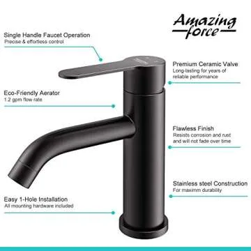 AMAZING FORCE Black Bathroom Faucet Black Single Hole Bathroom Sink Faucet Single Handle Matte Black Bathroom Faucet Vanity Faucet- Sink Drain & Deck Plate Not Included 1.2 GPM