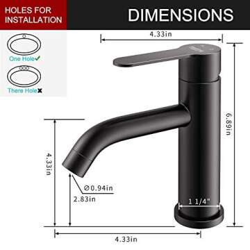 AMAZING FORCE Black Bathroom Faucet Black Single Hole Bathroom Sink Faucet Single Handle Matte Black Bathroom Faucet Vanity Faucet- Sink Drain & Deck Plate Not Included 1.2 GPM