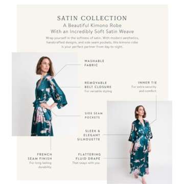 OLDSHANGHAI Women's Satin Kimono Robe Long - Floral - Chrysanthemum & Crane - Peacock (Blue), Satin ...