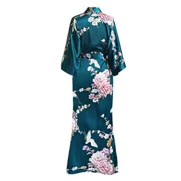 OLDSHANGHAI Women's Satin Kimono Robe Long - Floral - Chrysanthemum & Crane - Peacock (Blue), Satin Kimono Robes for Women with Floral Designs, 52 inches in Length, One Size Fits Most.