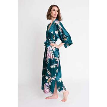 OLDSHANGHAI Women's Satin Kimono Robe Long - Floral - Chrysanthemum & Crane - Peacock (Blue), Satin Kimono Robes for Women with Floral Designs, 52 inches in Length, One Size Fits Most.