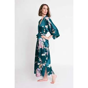 OLDSHANGHAI Women's Satin Kimono Robe Long - Floral - Chrysanthemum & Crane - Peacock (Blue), Satin Kimono Robes for Women with Floral Designs, 52 inches in Length, One Size Fits Most.