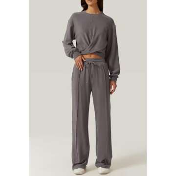 QINSEN Women 2 Piece Outfits Sweatsuit Set Twist Front Cropped Sweatshirt Wide Leg Sweatpant Lounge Set Tracksuit Blackened Peal S