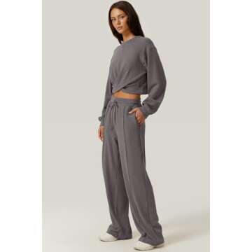 QINSEN Women 2 Piece Outfits Sweatsuit Set Twist Front Cropped Sweatshirt Wide Leg Sweatpant Lounge Set Tracksuit Blackened Peal S