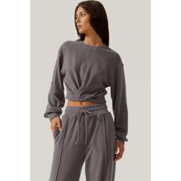 QINSEN Women 2 Piece Outfits Sweatsuit Set Twist Front Cropped Sweatshirt Wide Leg Sweatpant Lounge Set Tracksuit Blackened Peal S