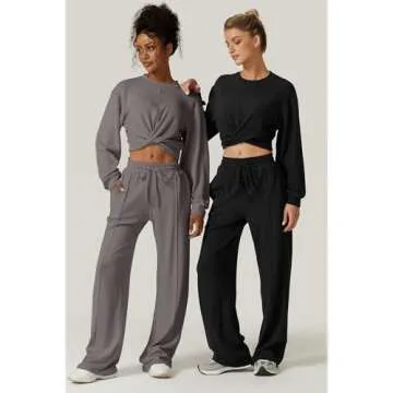 QINSEN Women 2 Piece Outfits Sweatsuit Set Twist Front Cropped Sweatshirt Wide Leg Sweatpant Lounge Set Tracksuit Blackened Peal S