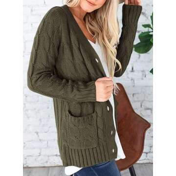 PRETTYGARDEN Women's Open Front Cardigan Sweaters Fall Fashion Button Down Cable Knit Chunky Winter Outerwear Coats (Army Green,X-Large)